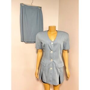 Apart Vintage 90s Skirt Suit Set Dusty Blue Short Sleeve Blazer Pencil Skirt 10